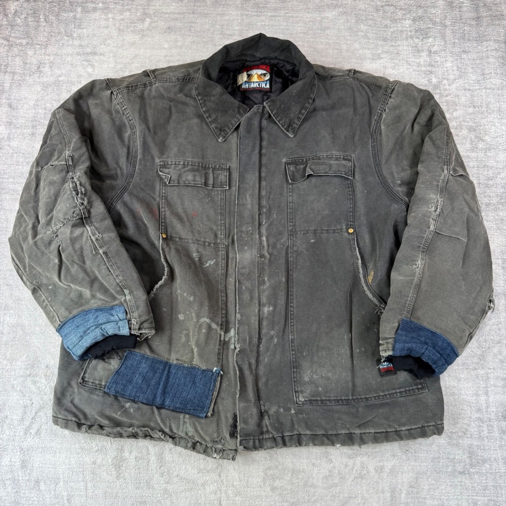 VTG Tough Duck Antarctica Jacket Mens 2XL Black Distressed Canvas Workwear Coat